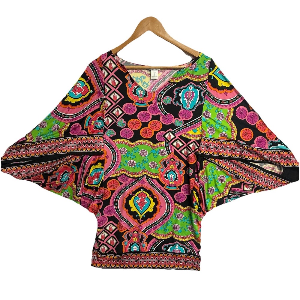 Trina Turk Top XS Multicolor Boho Paisley Batwing Sleeve Stretch Blouse